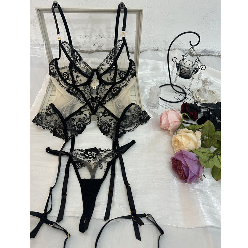 Sexy Lingerie Set - Sheer Mesh and Lace Bra, Panties, and Garter Belt Three-Piece Suit