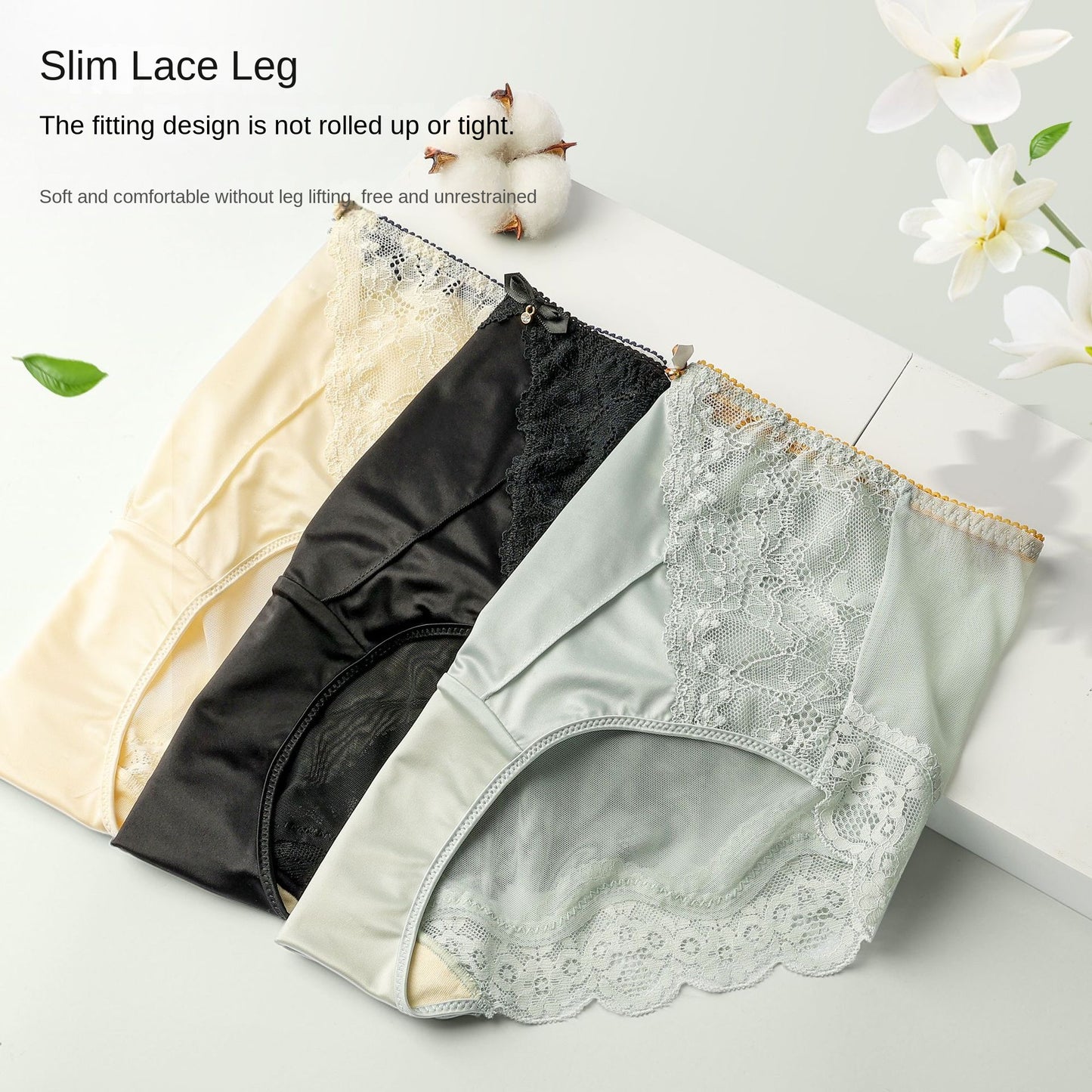 Luxury Mid-High Waist Women's Underwear with Silk-Cotton Lining Antibacterial Mesh Sexy Lace Design